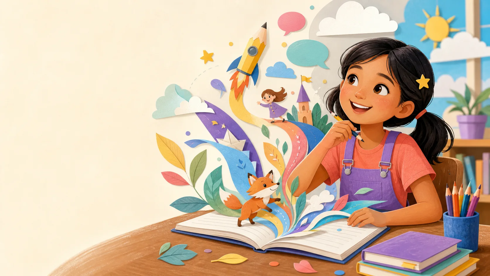 A girl at her desk with a story springing out of her notebook