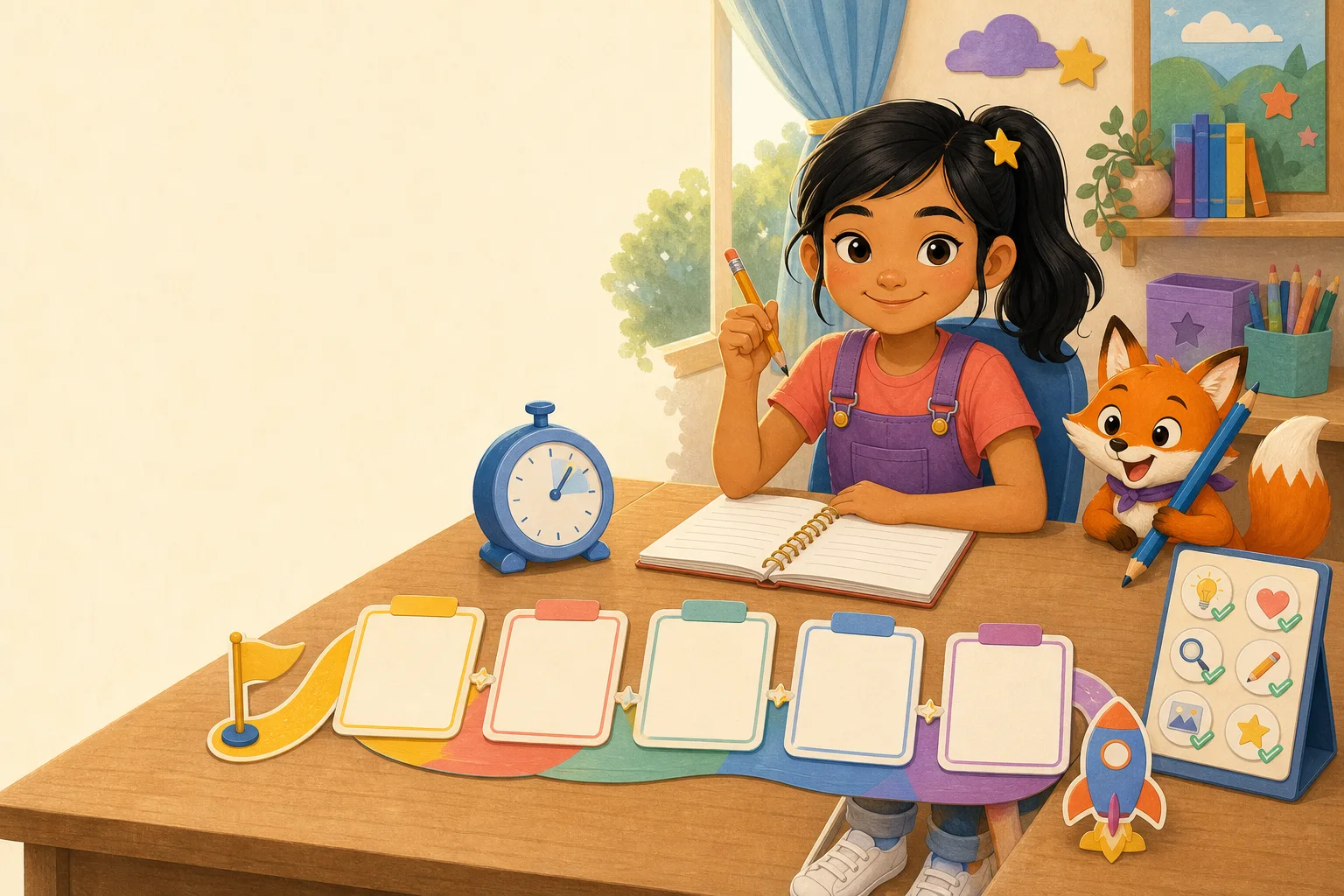 A story-mission writing desk with planning cards, a friendly timer and a fox holding a pencil